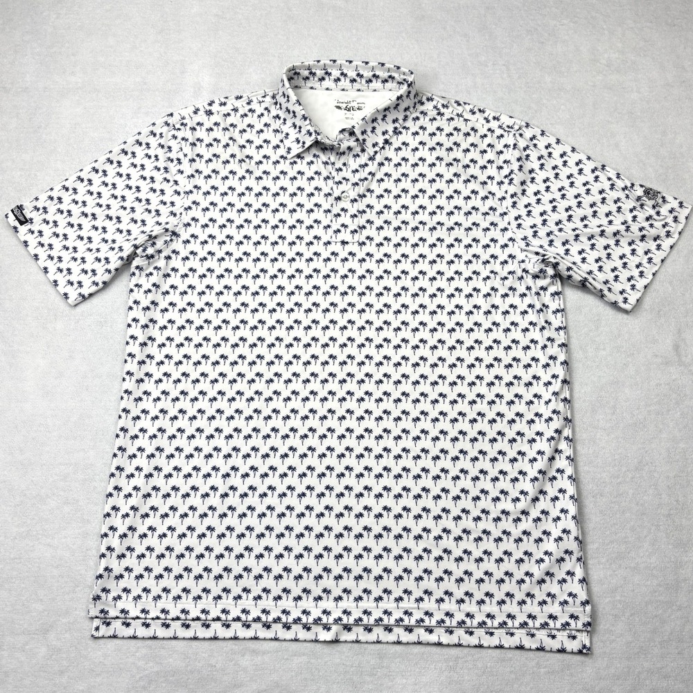 Straight Down Mens XL Palm Tree Print Performance Golf Polo Shirt White Navy